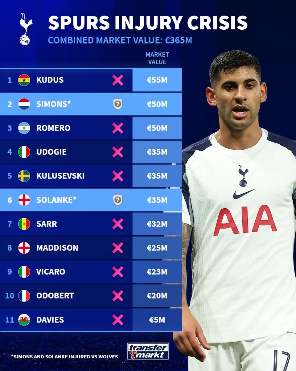 开云-热刺当下伤病名单总身价为3.65亿，占全队总身价约46%